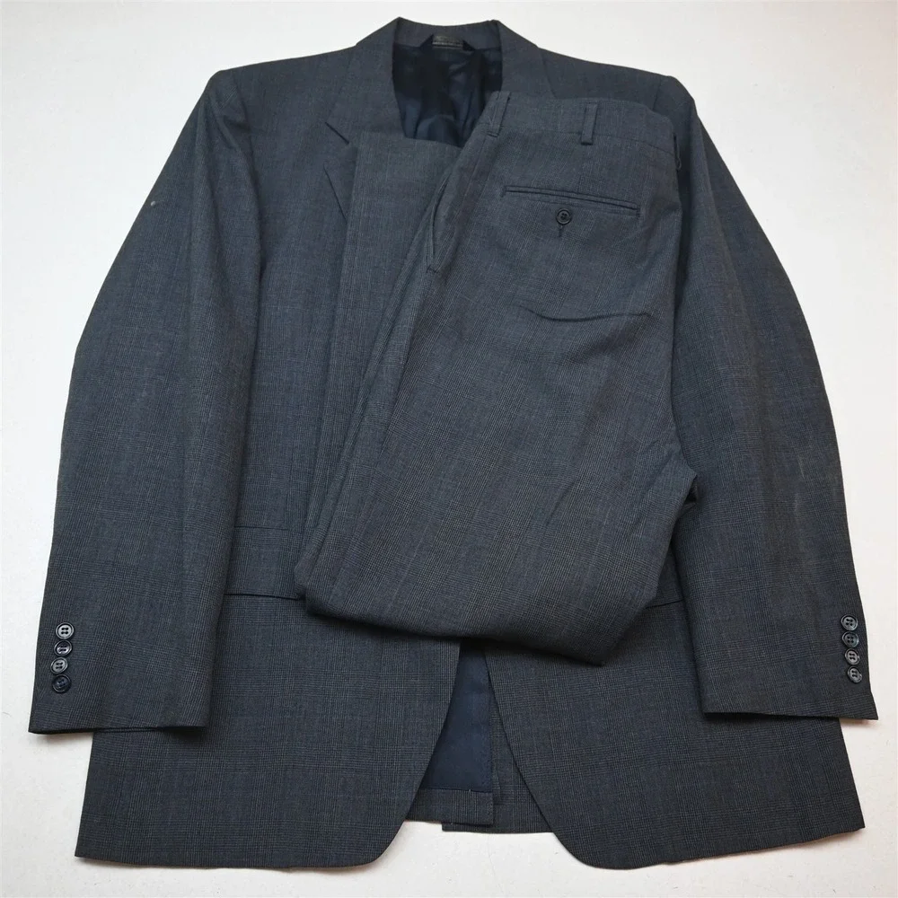 Vtg USA Made 44R 34x30 Blue Glenn Check Wool Bootcut Mens Jacket Pants Suit